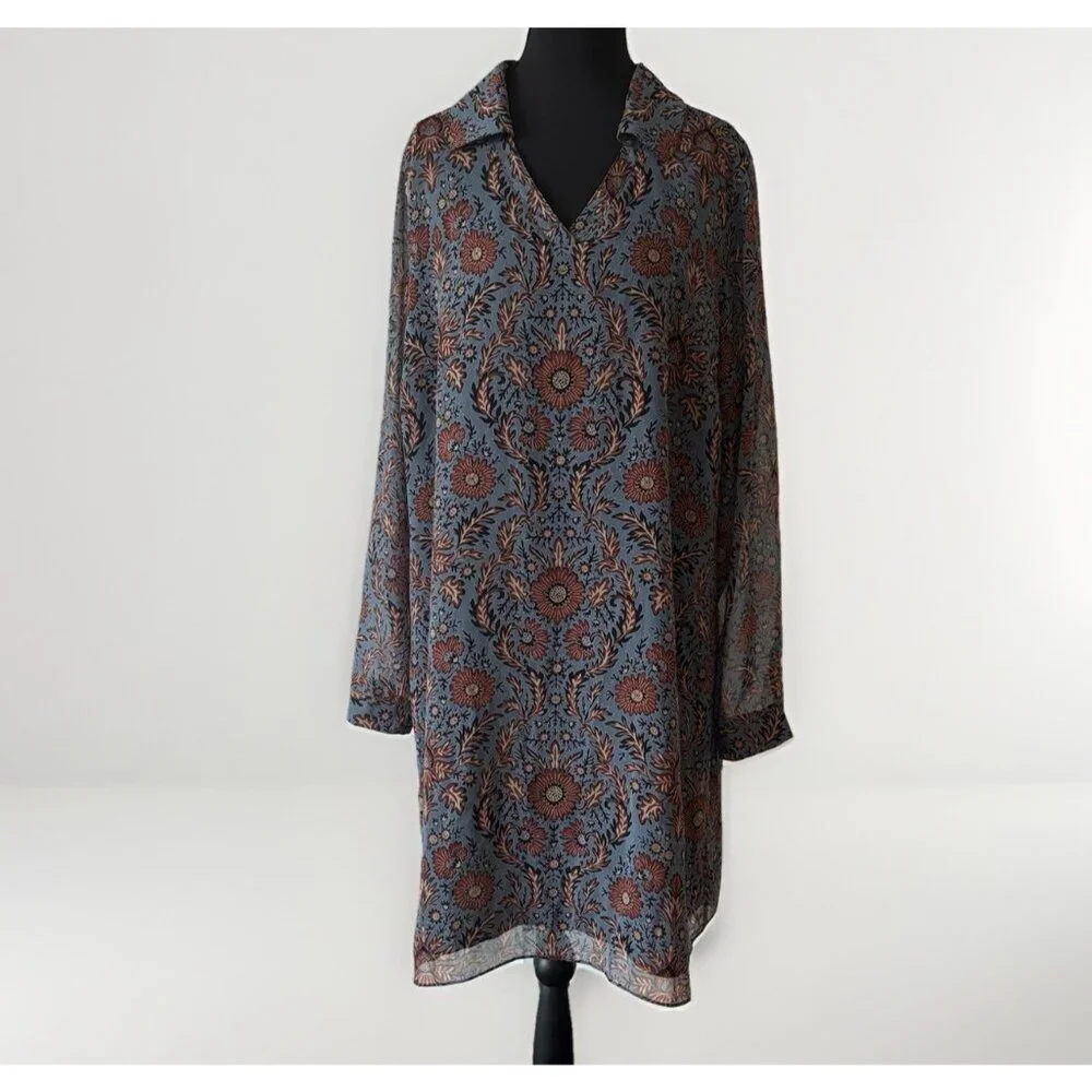CABi Floral‎ Provincal Tunic Dress V-neck Long Sleeve Size Large Autumn Floral